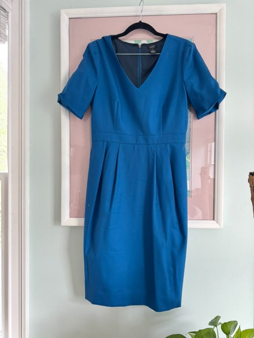 J. Crew Super 120's Cobalt Blue V-Neck Sheath Dress, Size 8 Tall